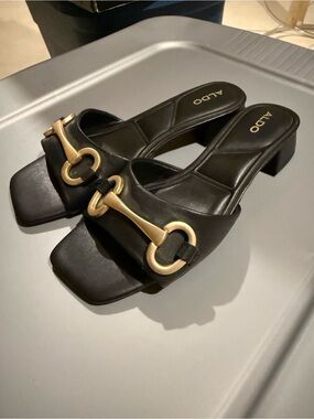 ALDO Black Leather Mule with Gold Horsebit Accent